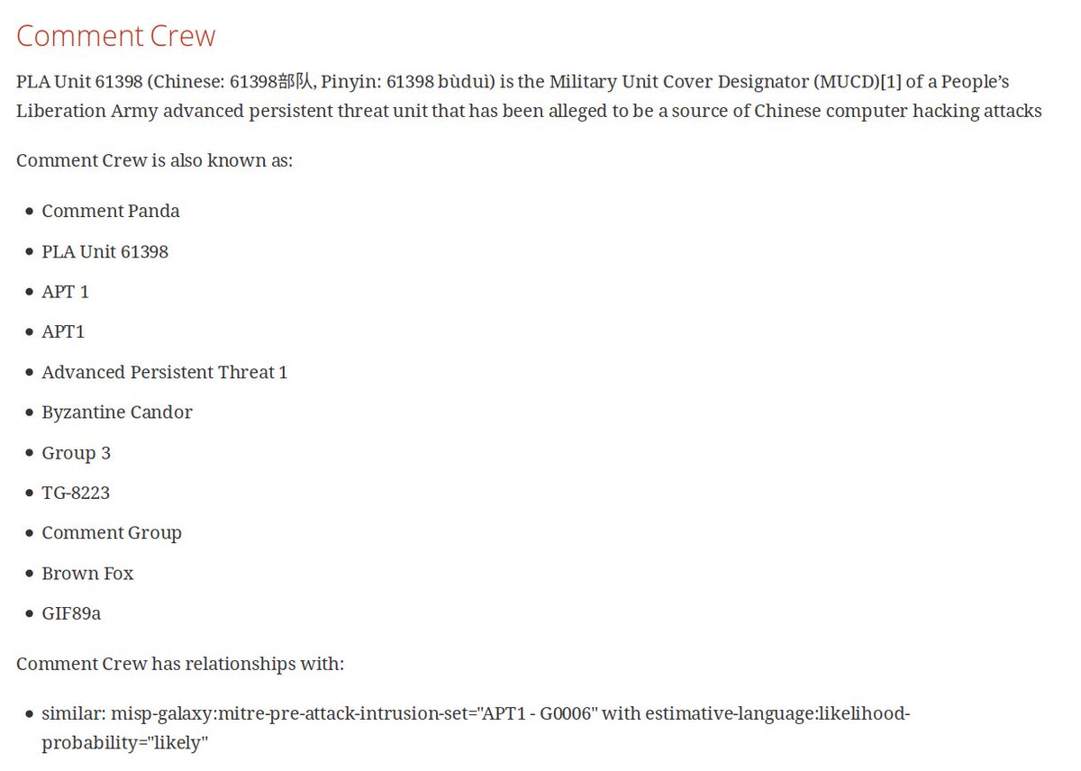 The MISP galaxy documentation has been improved including the similarities and relationships between clusters of threat actors, tools or malware:
misp-project.org/galaxy.html thanks to <a href="/cvandeplas/">Christophe Vandeplas</a> for the updates.
