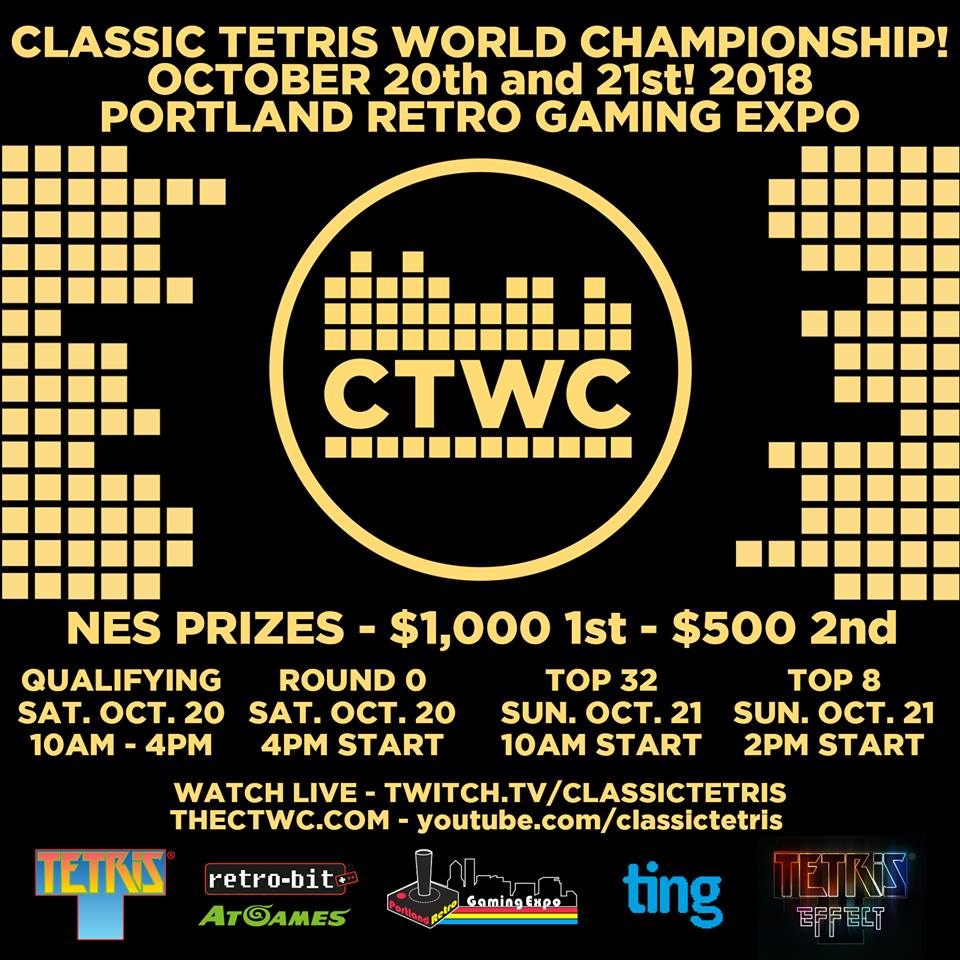 🚨STREAM INFORMATION🚨

Don't miss a second of the 2018 Classic Tetris World Championships.

Live streams:
twitch.tv/classictetris
youtube.com/classictetris
thectwc.com

(all times in image are PT)

Top 8 &amp; Finals are on Sunday Oct 21, 2pmPT/5pmET
