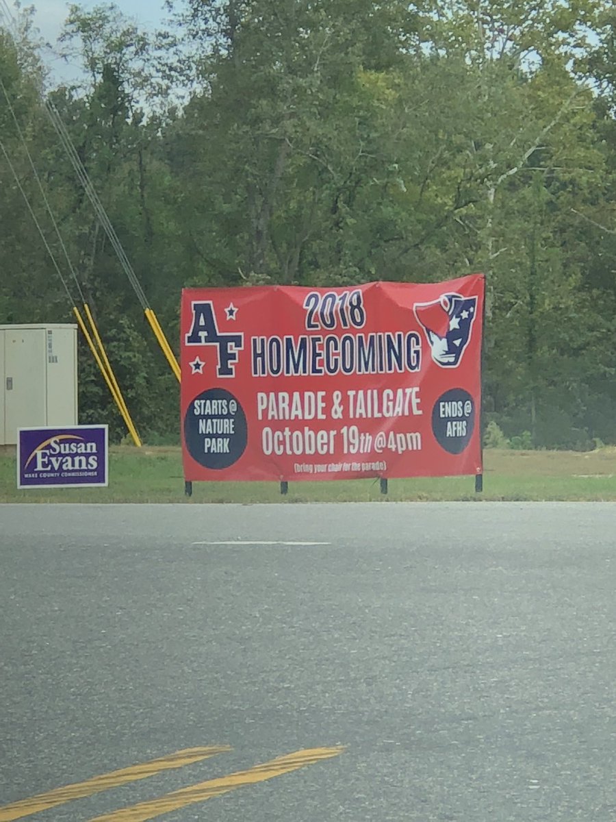 Great advertisement <a href="/pats_stuco/">AFHS Stuco</a> ! Looking forward to <a href="/apexfriendship/">2015</a> First Homecoming with parade, tailgate and home football game on Friday and dance on Saturday <a href="/wcpss/">Wake County Public School System</a> <a href="/WCPSS_Athletics/">Wake County Athletics</a> should join for the celebration.