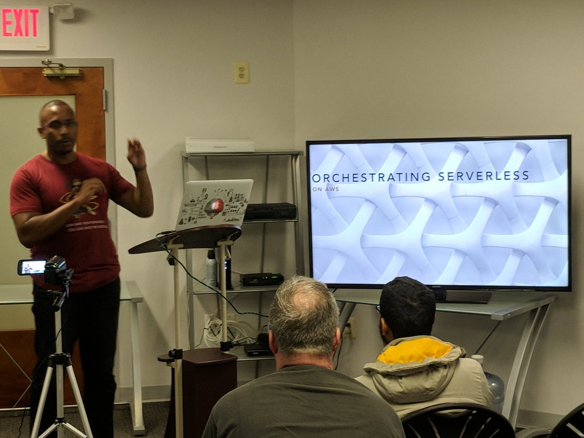 thorntech's tweet photo. Here's @jboursiquot presenting at the Columbia #AWS Meetup on orchestrating #Serverless! 

#bmoretech #hocotech https://t.co/F2KG4Xu6SJ