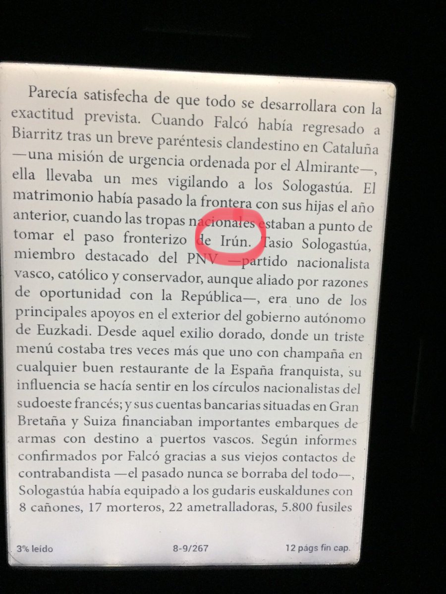 Meso84's tweet photo. Empezar lo nuevo de ⁦@perezreverte⁩ #sabotaje y encontrar que pone a Irun en el mapa una vez más. A ver que tal se le da a Falcó el asunto por aquí. Mientras no se cruce con hombres buenos o con lo que queda (si es que aún queda algo) del 326 todo irá bien. O no... https://t.co/oZSar1YddS