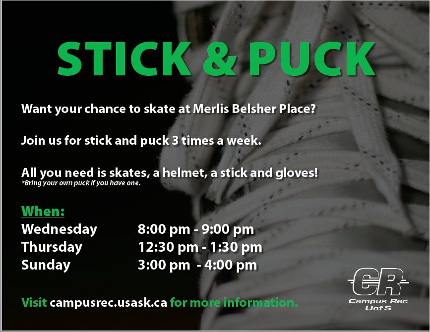 CampusRecUofS's tweet image. Campus Recreation is excited to offer "Stick &amp;amp; Puck" this year at Merlis Belsher Place! This will allow you to get in extra ice time, practice hockey skills, and have fun at no extra cost! 
#GetRECognized 
#CampusRec