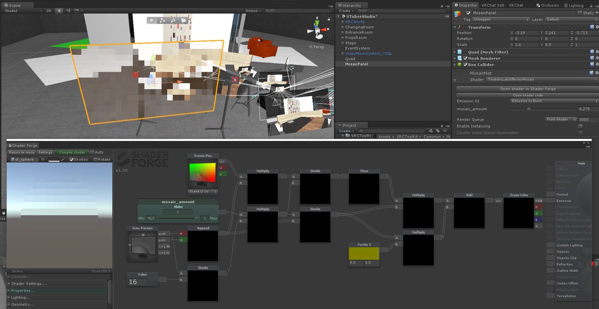 kohack_v's tweet image. できた。ShaderForgeでモザイクシェーダーを作るレシピ。
画面サイズに合わせて処理してるから解像度変わってもいい感じになる。
#Unity #ShaderForge