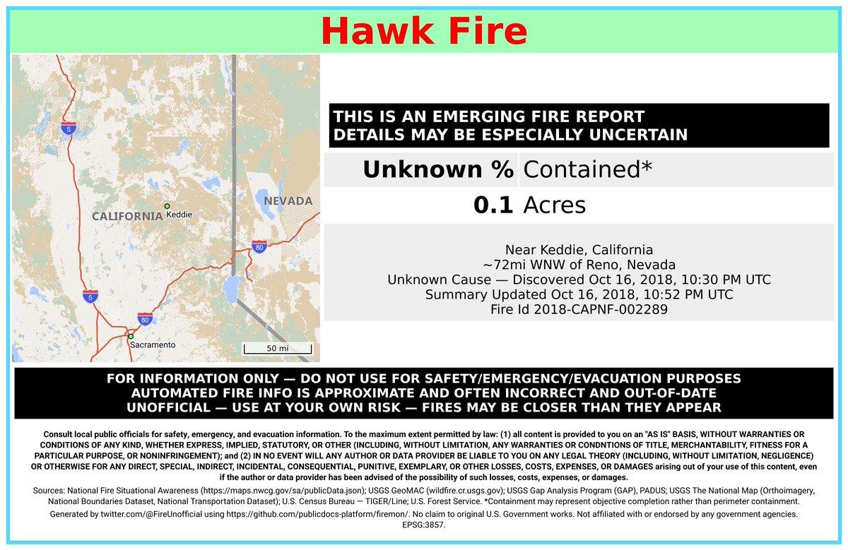 CaliFireBot's tweet image. Unofficial emerging fire report for #HawkFire - details may be especially uncertain.
 Near Keddie, California. ~72mi WNW of Reno, Nevada. May be incorrect. Consult officials for safety info. Disclaimers in images.