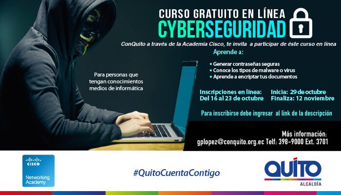 Gabriela_LopezS's tweet photo. Si aún no haz experimentado el curso online de Cyberseguridad te recomiendo que lo hagas ya!
Inscríbete en el siguiente link: https://t.co/8DjToMDx2J
Siéntete más en seguro en línea con este curso que te oferta la Academia Cisco Conquito, no te lo pierdas!
@conquitouio @Cisco_LA https://t.co/3tkvMdiHOY