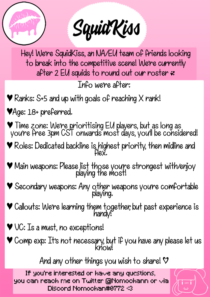 SquidKiss's tweet photo. With recent changes to our roster and a surge in our activity lately, SquidKiss is opening its doors for recruitment once again! Please have a look at our new poster made by none other than @Nomochann and contact them if you are interested 😊 rts are appreciated~ https://t.co/wO2jmqfZ3Q