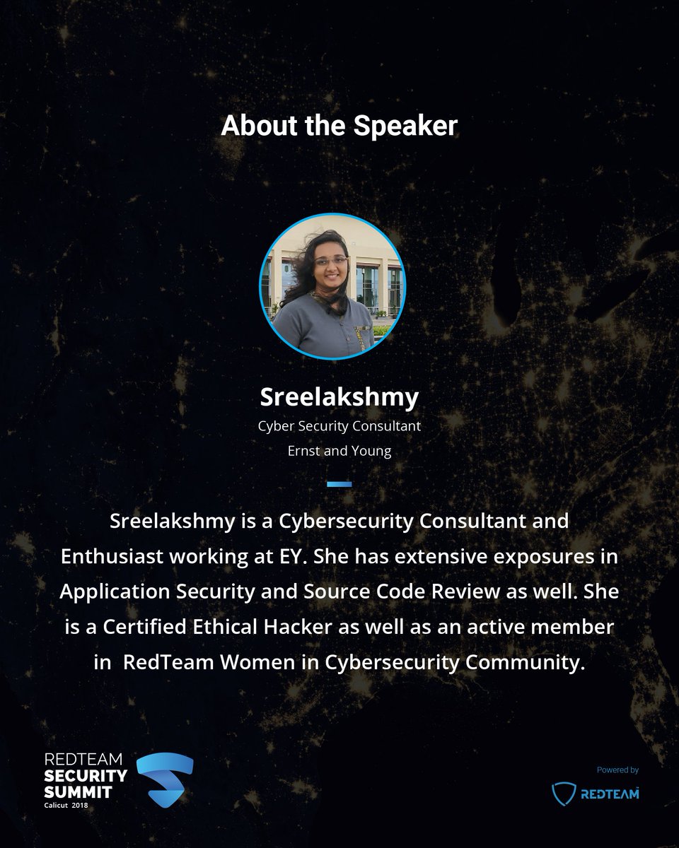 redteamacademy's tweet photo. Sreelakshmy, one of the Speakers at RedTeam Security Summit '18, is a Cybersecurity Consultant. Sreelakshmy will be talking about "Unboxing The Code For Security - Source Code Review" at #RedTeamSummit.
Register Now : https://t.co/2Fu7eLtLix
. https://t.co/PjQ4blRBqB