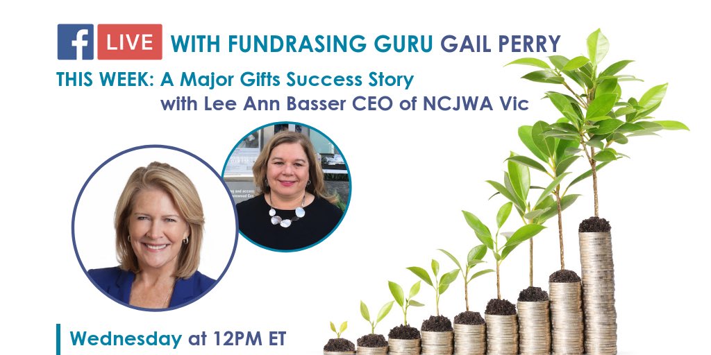 GailPerrync's tweet photo. Looking forward to my FB LIVE with Lee Ann Basser, the CEO of @NCJWA_VIC! Tune in, be inspired and bring your Major Gifts questions. #fundraising #nonprofit #philanthropy https://t.co/QqafPUQGeA