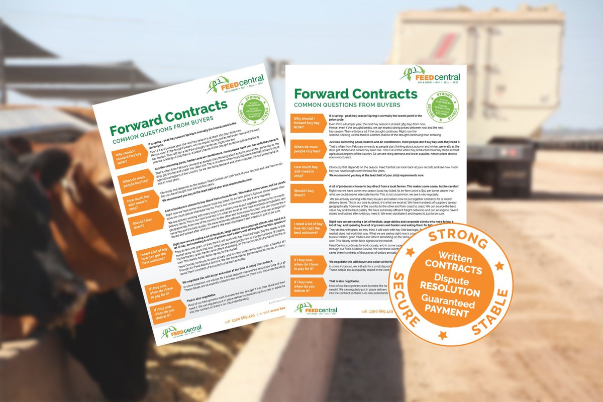 FeedCentralPL's tweet photo. Common Questions asked by Buyers about Forward Contracts....

> Why should I forward buy hay NOW?
> When do most people buy hay?
> How much hay will I need in 2019?  
+ MORE!

Download the FAQ Sheet here: https://t.co/EgIRHD5O07

#buyhay #sellhay #fodder18 #newseason #contracts https://t.co/xJI6aXpM0O