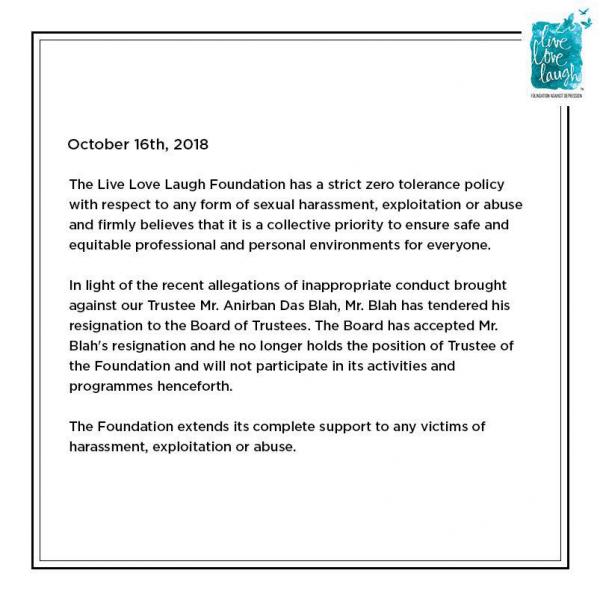 rameshlaus's tweet photo. Alleged Sexual Predator @anirbanblah of #KWAN has resigned his trustee position in @deepikapadukone 's @TLLLFoundation
He will no longer be a part of any of the @TLLLFoundation activities..
Kudos to #Deepika and #TLLL for making this happen..
#MeTooIndia https://t.co/fCaMQ6evOx