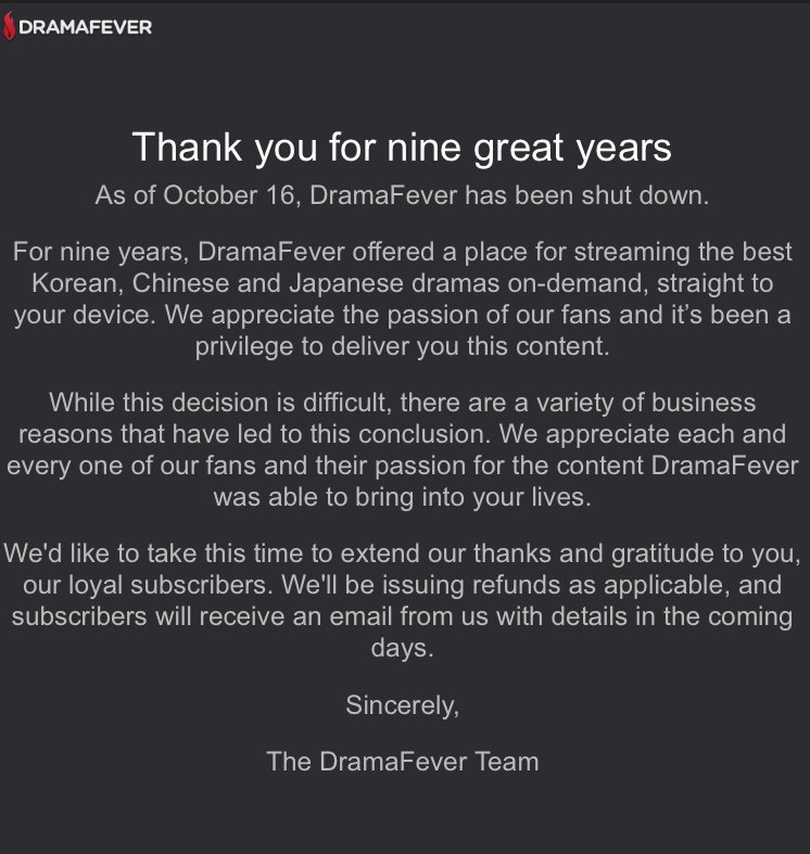 kdramafighting's tweet photo. Hearing the news that #DramaFever shut down hit us hard today. DramaFever was our gateway into dramas, and it was amazing to work there and fuel our love of dramas even more. It’s sad to see such a pillar of the fan community disappear without warning. https://t.co/a3kjbBsmpS