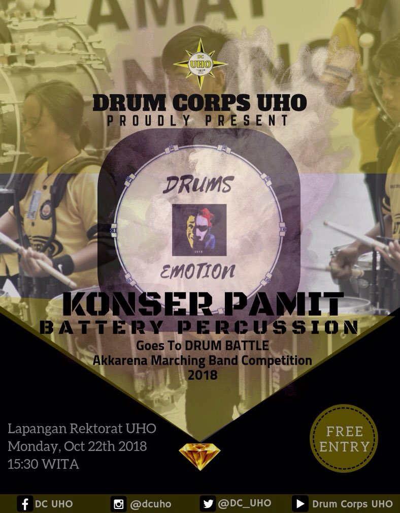 Selamat Pagi guys.. ada perubahan jadwal penampilan Konser Pamit dari BATTERY PERCUSSION yg akan mengikuti Drum Battle, silahkan di cek yaa revisinya di bawah ini😉👇 🗓 Senin, 22 Oktober 2018
⏱ 15:30 Wita
📍 Lapangan Rektorat UHO
Jangan lupa hadir ya😉
#dcuho #battery #ambc2018