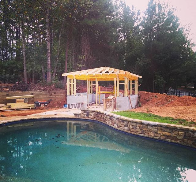 Poolside pavilion. Framing almost complete. Looks lovely just like this. Almost hate to sheath and roof it.
.
#outdoorkitchen #pavilion  #coveredpatio #poolpavilion #outdoorconstruction ift.tt/2PDTVYT