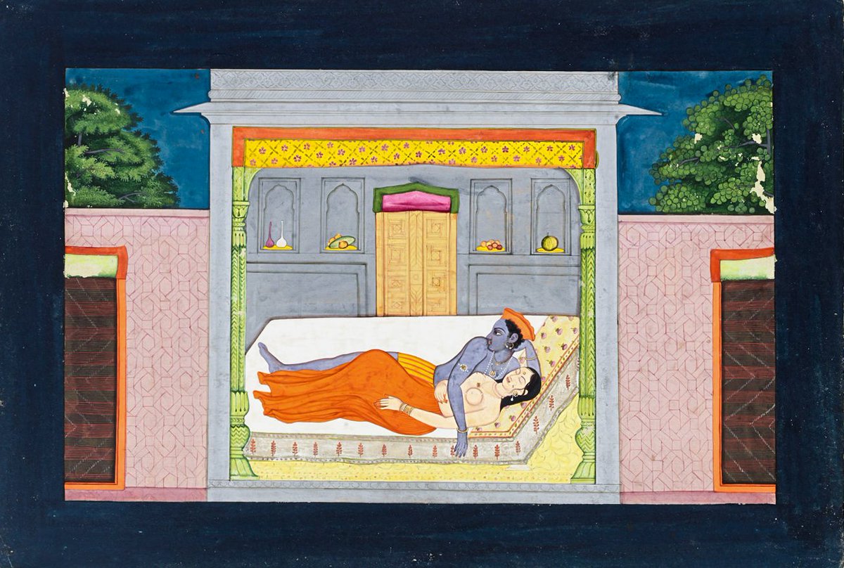 An illustration from the Sunder Shringar: Radha and Krishna lying on a bed ...