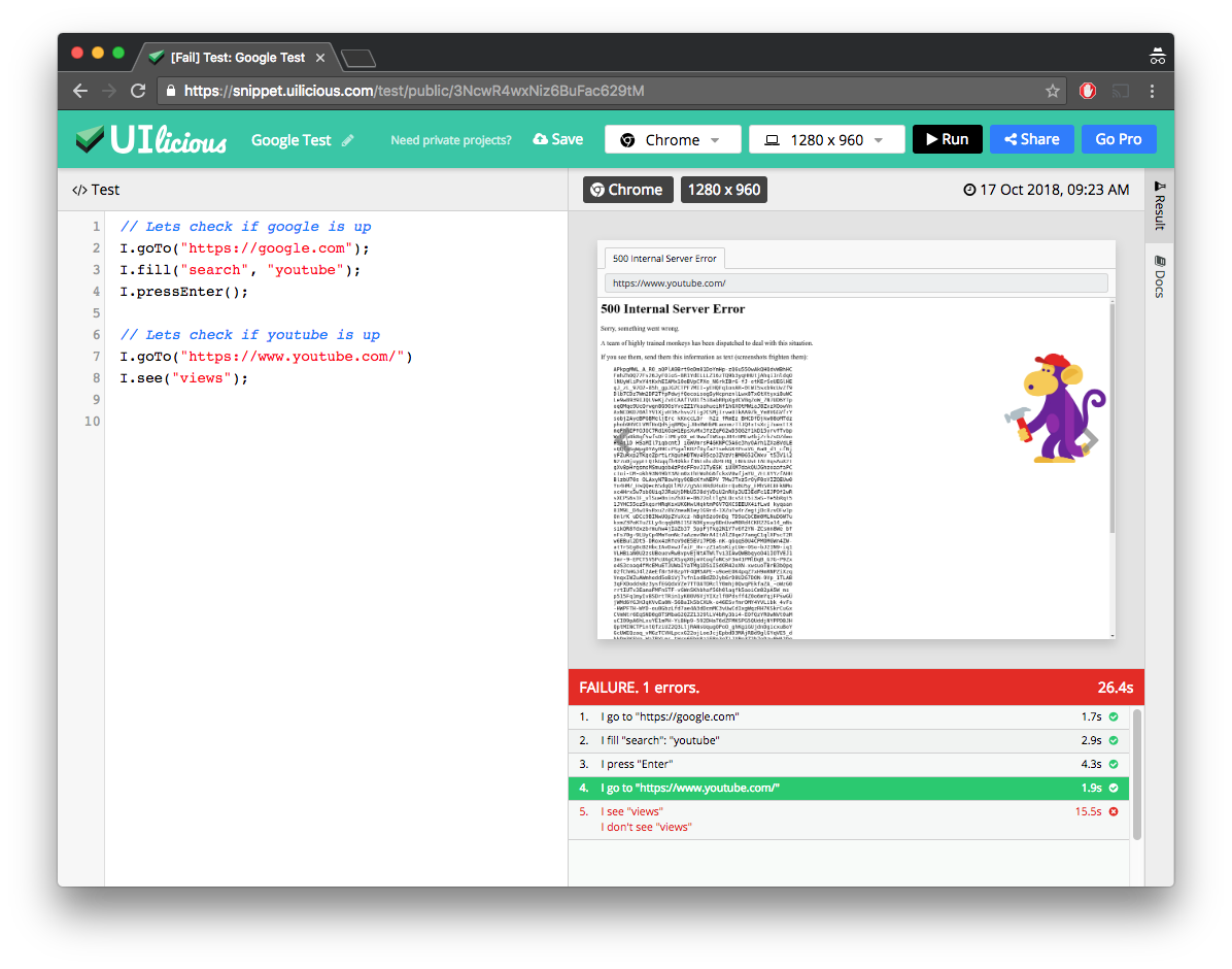I thought it was bad wifi that my <a href="/LinusTech/">Linus Tech Tips</a> on @youtube was down. Until I had a <a href="/ui_licious/">UI-licious</a> test on it. 😂😂😂 #ui #testing #hugops

snippet.uilicious.com/test/public/Ru…