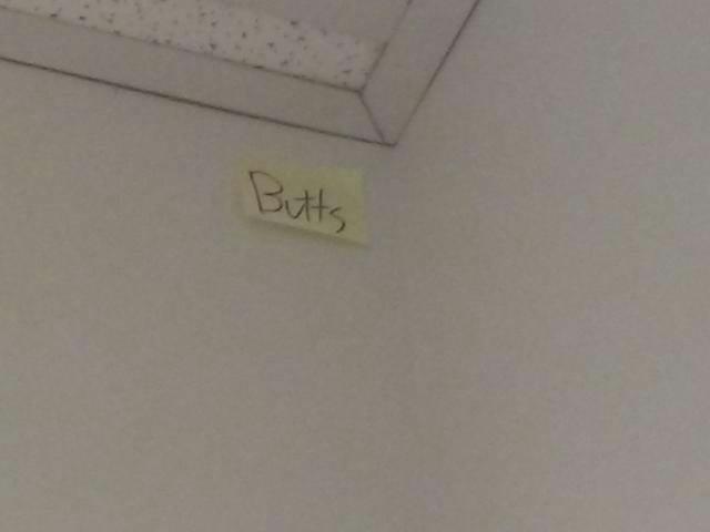 lexkhoury's tweet photo. In high school I used to write "Butts" on @Postit notes and hide them to give people a good giggle. My brother sent me a few photos recently. Apparently a multitude are still withstanding the test of time years later. Quality brand, 10/10, highly recommend. https://t.co/evkuHjp0MN