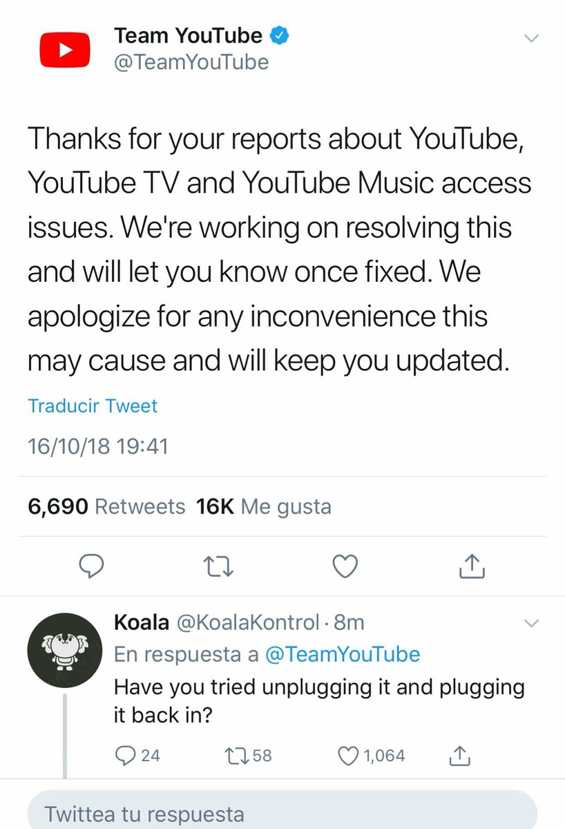 GABEHASH's tweet photo. Gracias por sus reportes sobre el problema de acceso a youtube, Youtube TV y youtube. Estamos trabajando en resolver esto y les comunicaremos en cuanto esté arreglado. Nos disculpamos por cualquier inconveniente que esto pudo haber causado y los mantendremos al tanto #youtubedown https://t.co/ofR8MZa65M