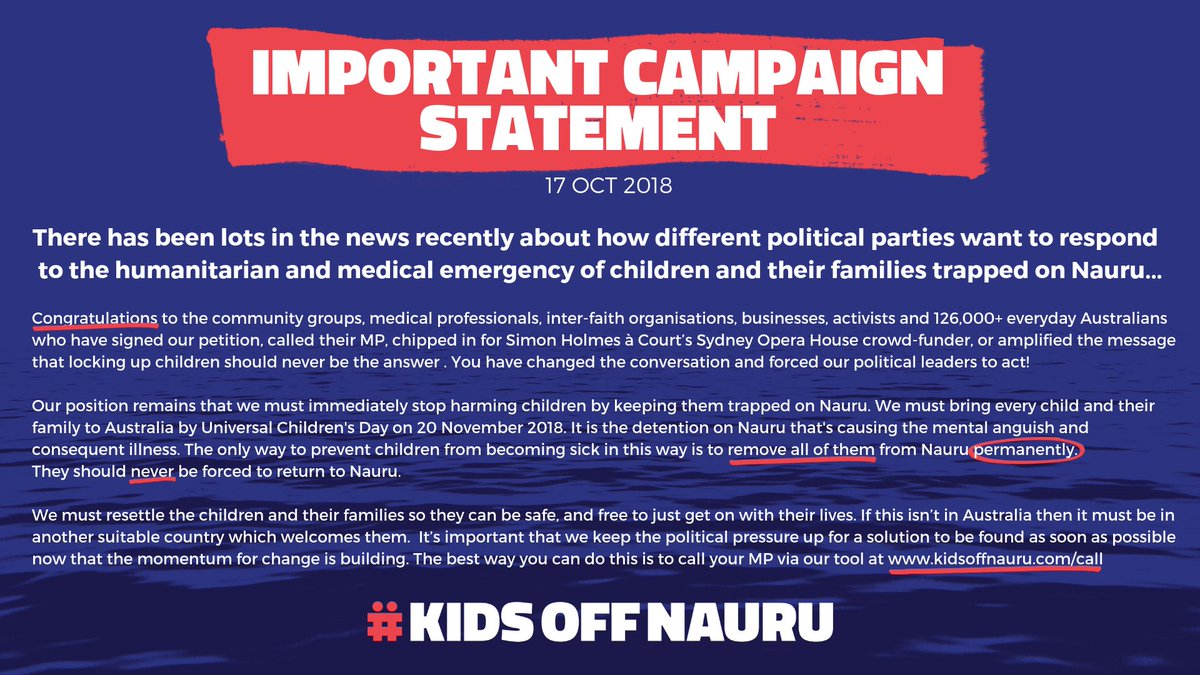 kidsoffnauru's tweet photo. ⚡️There has been lots in the #Auspol news recently about how different political parties want to respond to the humanitarian and medical emergency of children and their families trapped on Nauru. We just want to reaffirm our position and policy call here. #KidsOffNauru https://t.co/TYe9RqiMem
