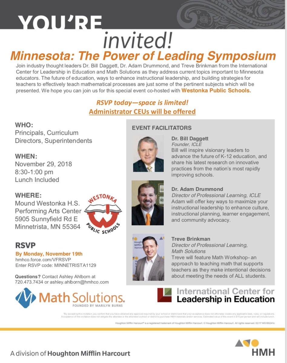 ModelSchoolsHMH's tweet image. We are excited to co-host the “Minnesota: The Power of Leading Symposium” with @thewestonkaedge featuring Dr. Bill Daggett, @adamddrummond, and @brinkmantreve of @Math_Solutions. Make plans to join us November 29 by registering at hmhco.force.com/VFRSVP! #LeaderEd #mnedchat