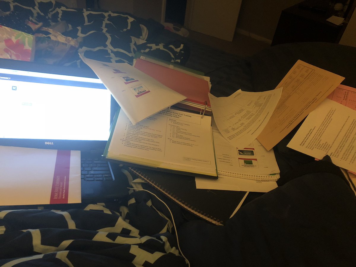 JohnsonM0817's tweet photo. I’m always glad to teach from a comfy spot... but this is the aftermath in my spot after a night of online training! 😂😂😂😂 This pile is filled with presenter notes, activities, handouts, “notes to self”, and follow-up questions. #bestjobever #extensionisweird https://t.co/sfjT9oNFkg