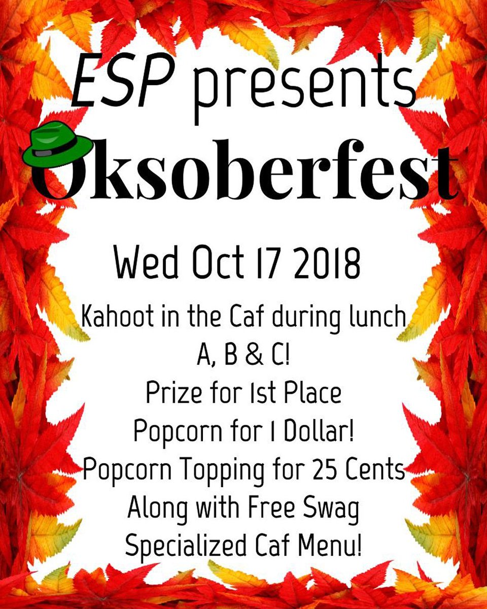 Final reminder that tomorrow is Oksoberfest! Popcorn will now be sold for $1, with free swag still included with every purchase. Don't forget that the winner of our Kahoots wins a prize!