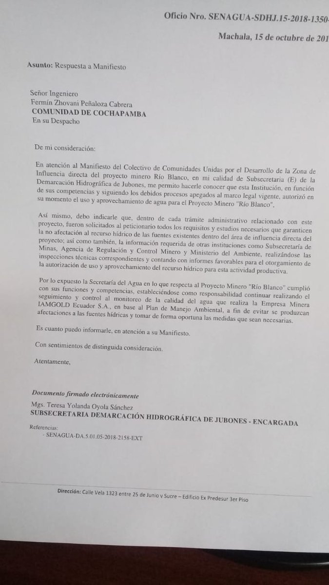 ComunidadesUni's tweet photo. 2/2 en donde se manifiesta que el proyecto #RíoBlanco ha presentado todos los estudios de NO AFECTACIÓN al recurso hídrico, además de las inspecciones realizadas en donde se muestran informes favorables para el otorgamiento de permisos de #agua
@mineriaecuador @jasmel_1 @zhingre_ https://t.co/XYPlJIt2yK
