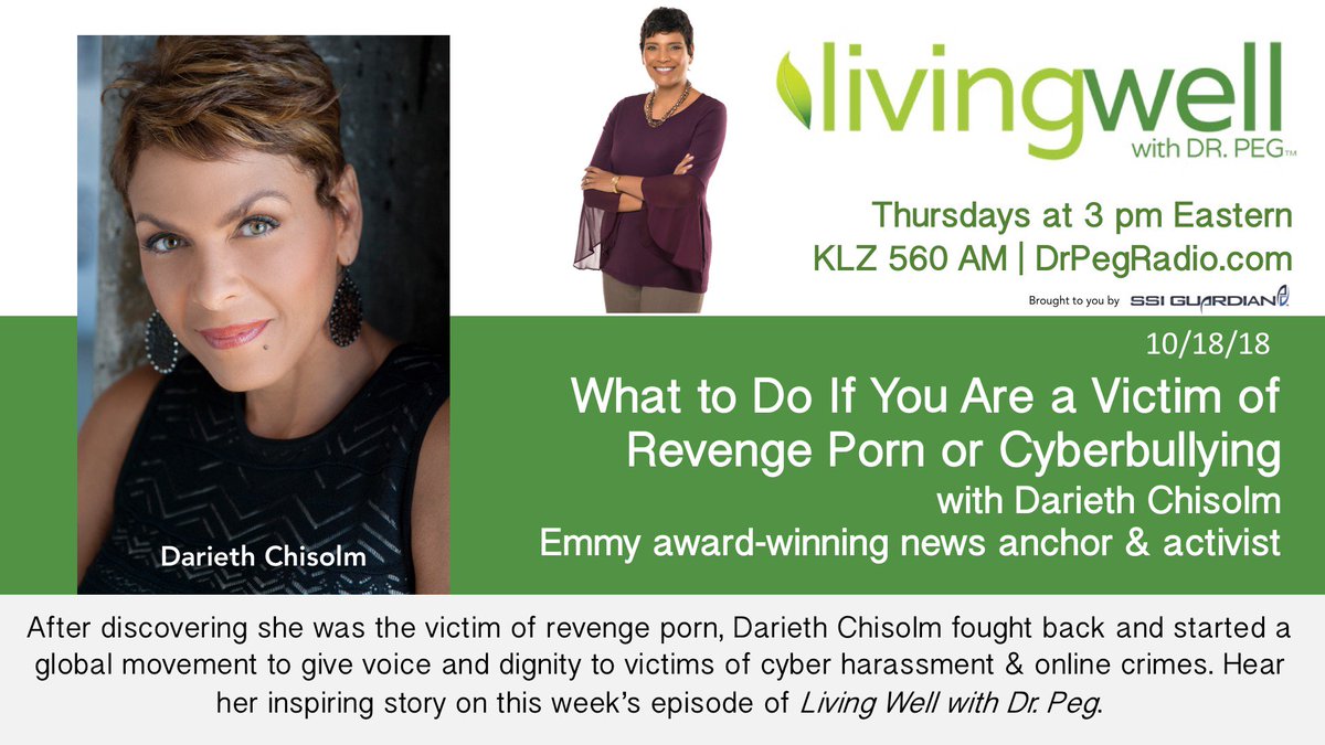 DariethChisolm's tweet photo. My personal crusade to help bring awareness and education around the issues of #revengeporn, #cyberbullying and #cyberharassment continues. Much thanks to dr. Peg for interviewing me on her radio show. 
Catch it on Thursday, October 18 at 3 pm Eastern at https://t.co/fe8vxkvLZ5. https://t.co/V1X3S9oFv2