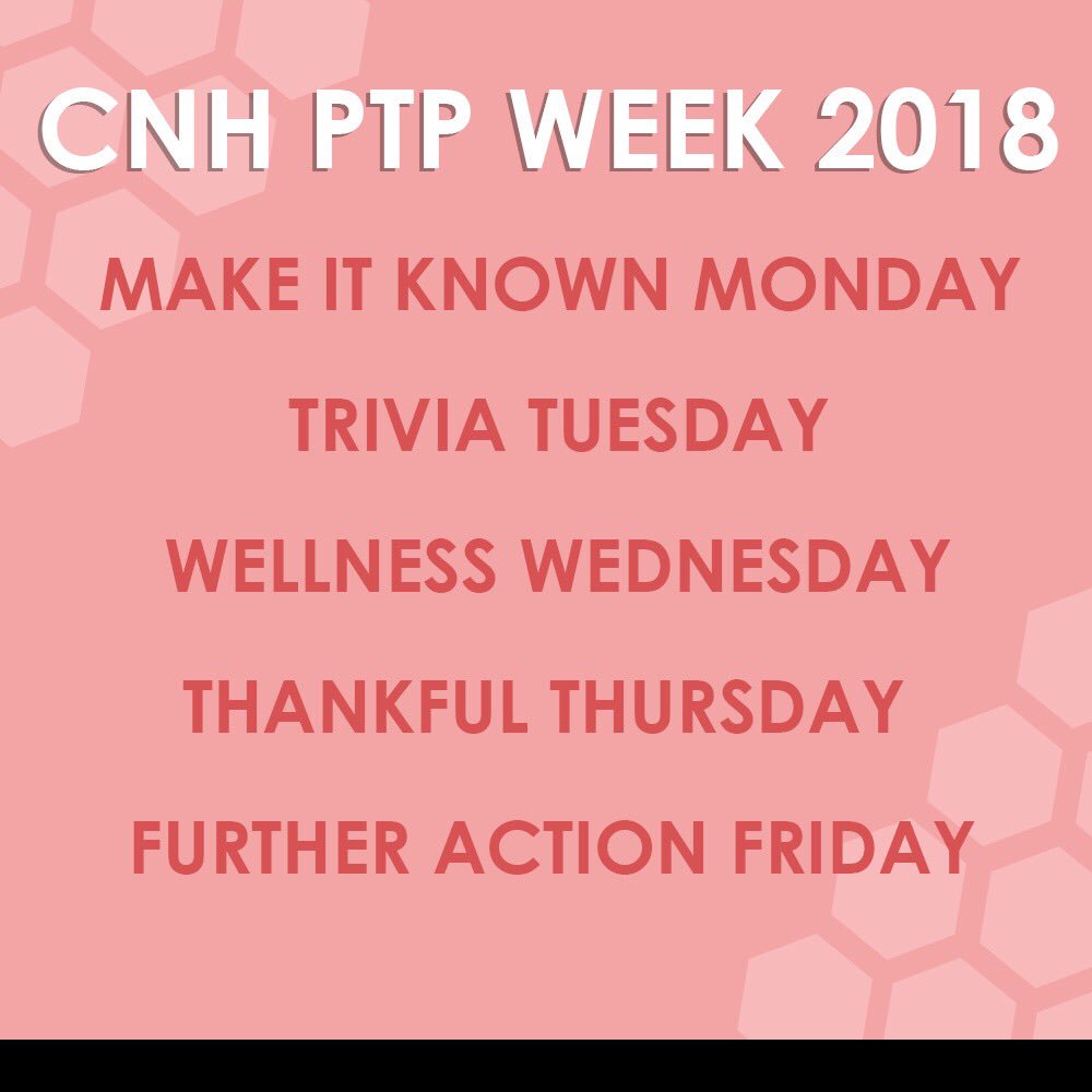 CNHKeyClub's tweet image. It’s PTP Week!
Join us in raising awareness and support for PTP by participating in these activities throughout the week— use the hashtag #CNHPTP2018 to show your involvement. Together, we can make a difference! 🐝