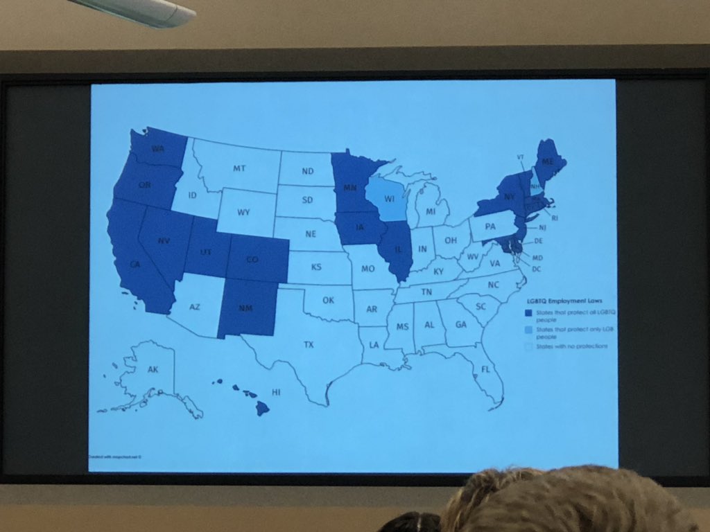 kristintague's tweet photo. So proud that Iowa explicitly prohibits discrimination based on sexual orientation and gender identity along with the others in dark blue. And proud to work at #Principal and grateful to @NJP_DSM for the ticket to today’s event! But, wow. We have a lot of work to do. #OneIowa https://t.co/LAr3wivZCR