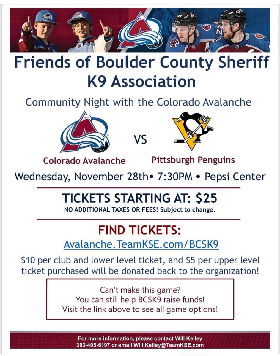 FriendsofBCSK9's tweet image. We’re part of a fun challenge with the Colorado Avalanche! We need to sell at least 100 tickets to be eligible &amp;amp; if we win we receive a $10,000 cash prize for our organization! For more info please visit our Facebook page&amp;amp; to purchase tickets please visit avalanche.teamkse.com/BCSK9/