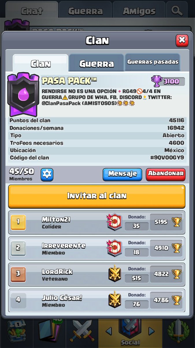 BUSCAMOS GENTE PARA GUERRA DE CLANES CON +4600 COPAS Y +35 GANADAS EN GUERRA. 

👹PARA COMPETITIVO NECESITAMOS UN CAPITÁN, ANALISTA Y COACH👹
Todos con tiempo de sobra y que sepan liderear un team (ya formado y en varias ligas) más info DM  

Rt se agradece ❤
