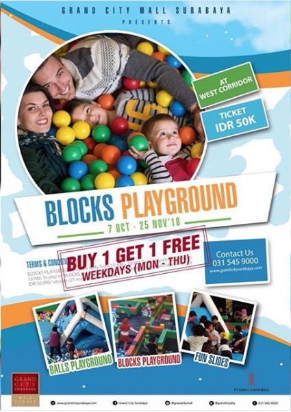GrandCitySBY's tweet photo. Enjoy Buy 1 get 1 FREE at #BLOCKSPLAYGROUND every weekdays (monday - thursday) only at @GrandCitySBY Mall Level Ground 😍 #mygrandcity #promo #shopping #BlocksPlayGround #Surabaya #UpdateTenant #October https://t.co/djt9MOCVHv