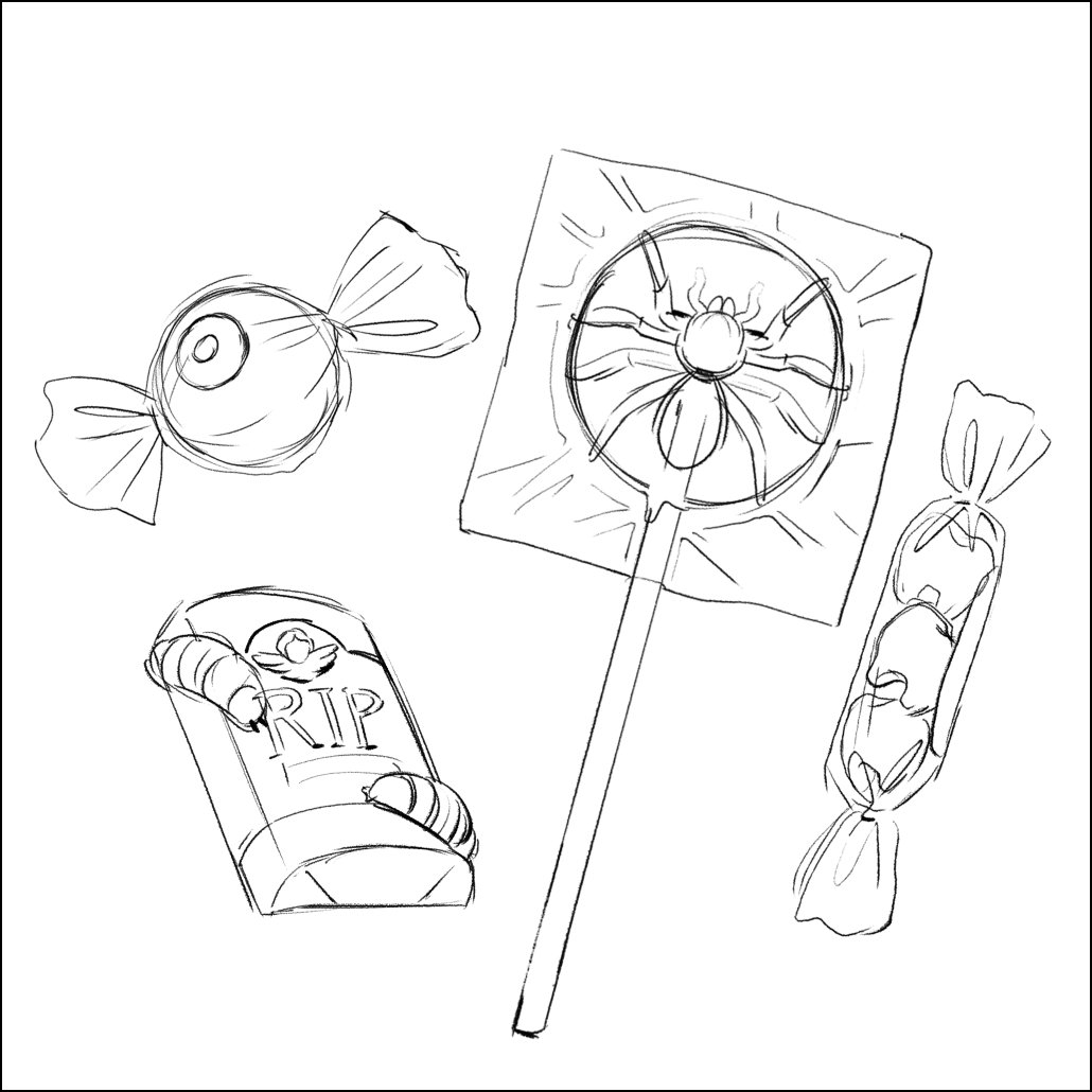 Some stuff I've sketched today. I'm really into plastic bag art rn plus some drafts of limited halloween candy stickers I'm planning on giving out at market day! 
