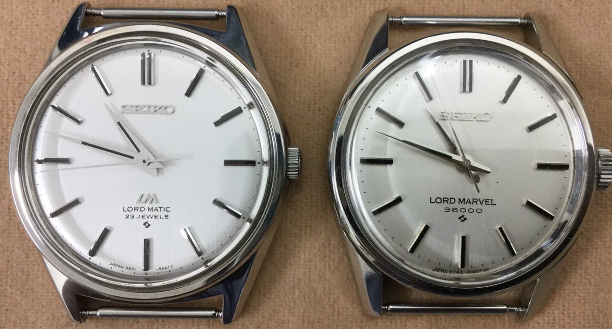 すぱこん Mm300 所有してるオールドセイコーで状態の良い2機 1972年製56ロードマチックと1967年製ロードマーベル こう見るとケース計はどっちも一緒だけど風防の形状も相俟ってロードマチックのほうが文字盤大きく見える ラグ幅はマーベルの方が