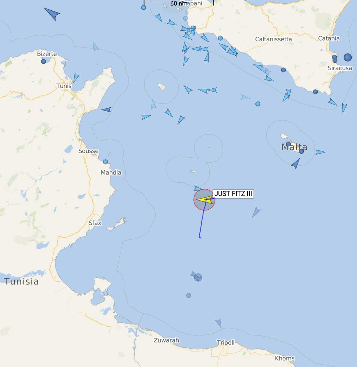 GiancarloDeRisi's tweet photo. Ecco la posizione dello #JustFitzIII alle 6,17
di questa mattina. Il cargo delle #MarshalIslands ha caricato 40 migranti in #Sar maltese. Salvini ha già detto che il caso riguarda Malta, ma #Malta si sa gioca sporco
e molti in Europa le tengono mano https://t.co/RrJRg3l0Es