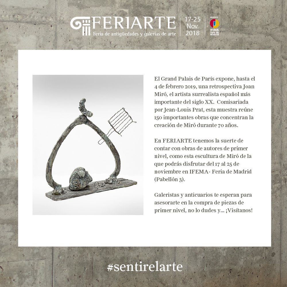 feriaFERIARTE's tweet photo. Como cada semana, #Feriarte2018 te trae #SentirelArte . El #GranPalaisdeParis expone una retrospectiva de #JoanMiro hasta el 4 de febrero de 2019. https://t.co/FQi1kMVyhy