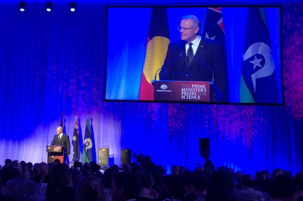 scienceinpublic's tweet image. “We need to report the importance of science and maths because that is essential if we are to have the pipeline of students we require,” says @ScottMorrisonMP at the #PMPrize in the Great Hall and Parliament House.