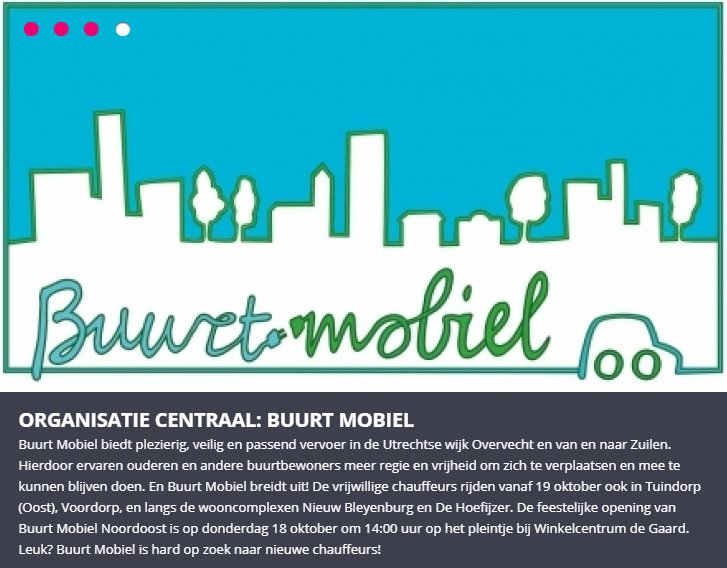 vcutrecht's tweet photo. Spotlight: @BuurtMobiel biedt persoonlijk #vervoer in #Overvecht, naar #Zuilen en vanaf 19 okt ook in #Tuindorp (Oost) en #Voordorp. De opening van BM-Noordoost is op 18 okt, 14.00 bij Winkelcentrum de #Gaard. Leuk? Buurt Mobiel is op zoek naar chauffeurs! https://t.co/mStBWggE8e https://t.co/7i3fnsKG7k