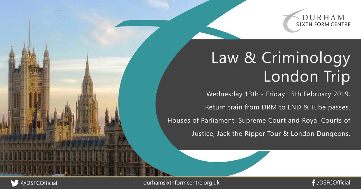 DSFCOfficial's tweet photo. TRIP: 💂 @DSFCCriminology and @DSFCLaw Trip to London.

▪️ Wednesday 13th - Friday 15th February 2019

▪️ Houses of Parliament, Supreme Court and Royal Courts of Justice

▪️ Jack the Ripper Tour &amp; London Dungeons.

▪️ Only 48 places!

▪️ Total £300, deposit £150 due November. https://t.co/r9MSG8urhH