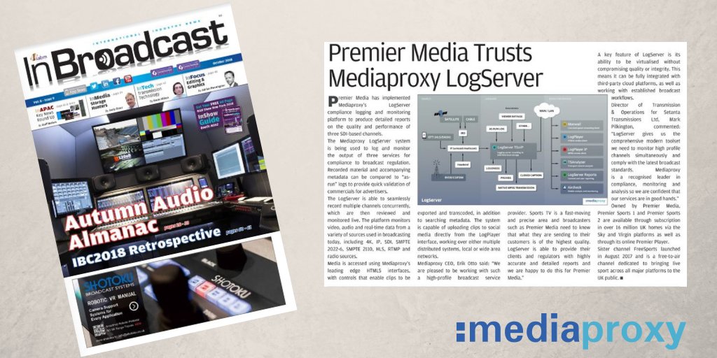 Mediaproxy's tweet photo. Find us on page 38 of this month's @InBroadcast magazine - https://t.co/cq9bOc34u0
#Mediaproxy #PremierMedia #SportsBroadcaster #TSoIP #Inbroadcast #BroadcastMagazine https://t.co/A6oOrF8yns
