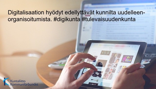 MerjaLang's tweet photo. Digihaaste #3: Digitalisaation hyödyt toteutuvat vasta, kun kunta organisoituu uudella tavalla. Mitä mieltä olet? #digikunta #tulevaisuudenkunta https://t.co/ctpiKCeKm2
