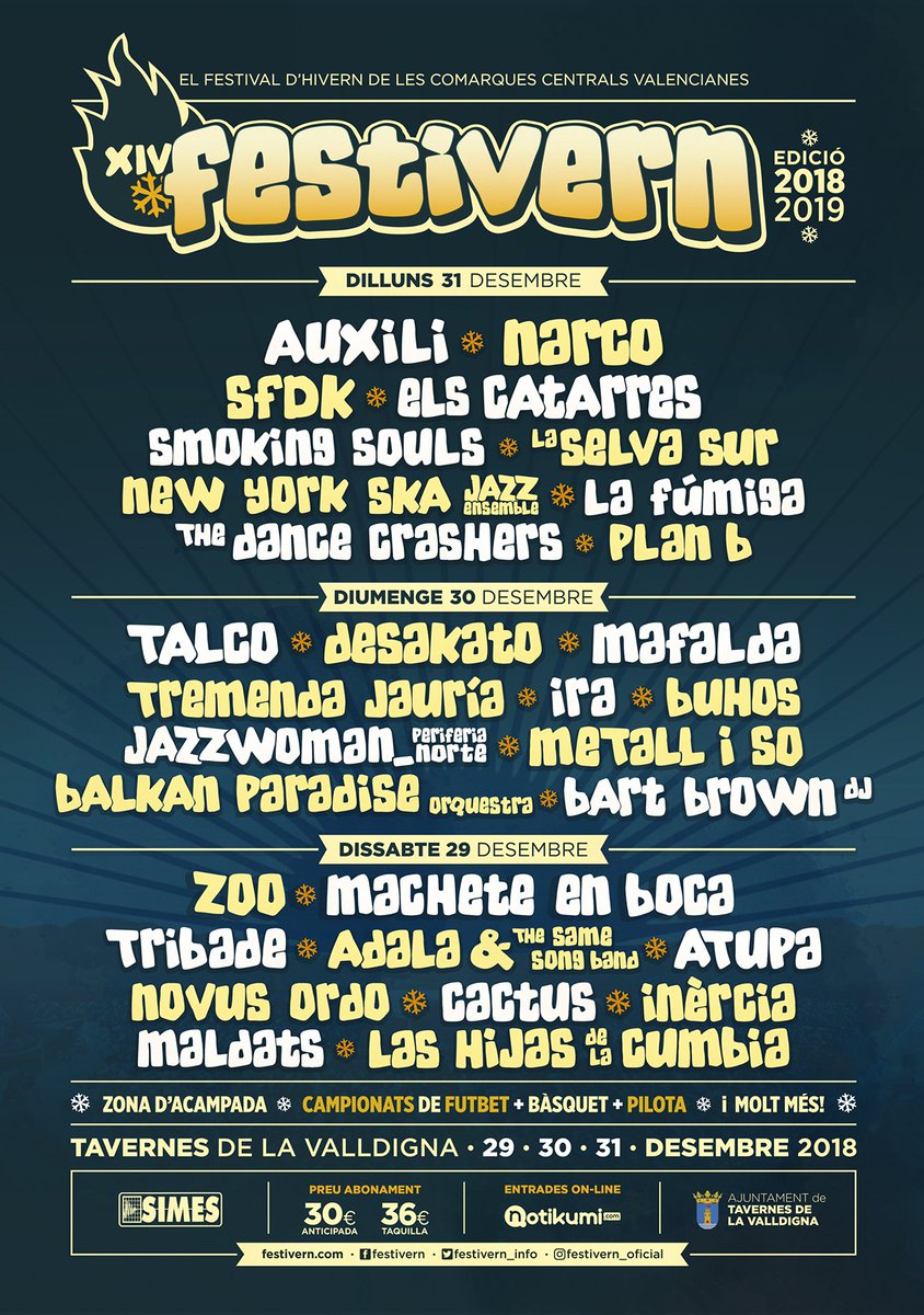 El cartell definitiu de la XIV edició és una realitat. 
Festivern 2018-2019: 3 dies i 3 nits, 30 grups i moltes activitats culturals i esportives.
Entrades disponibles a festivern.com
Sortegem 5 abonaments dobles, fes RT i entraràs al sorteig.
Ja crema el #Festivern1819