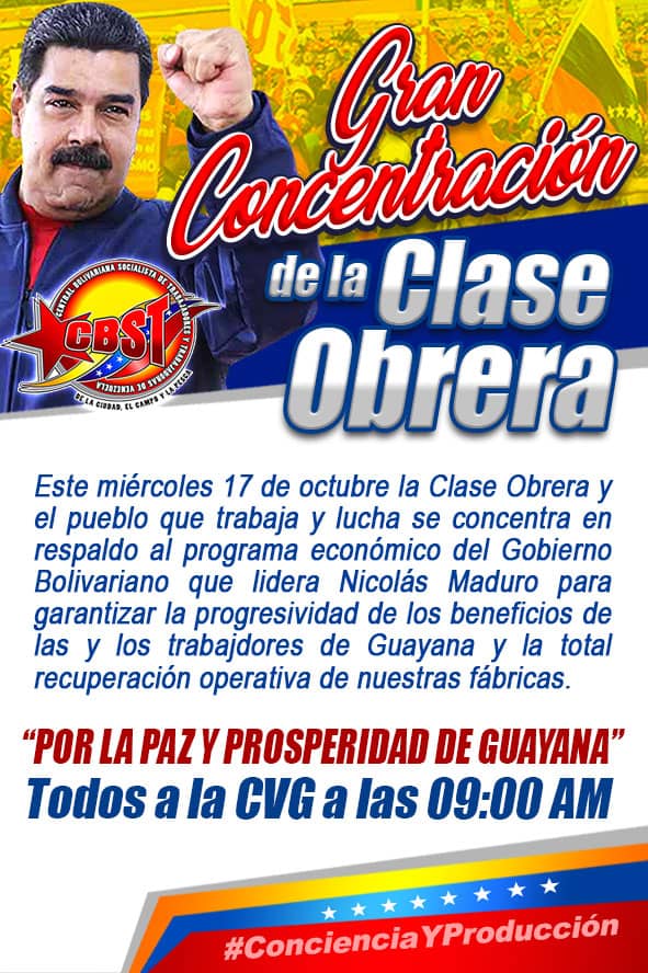 JoseGilPsuv's tweet photo. #CBST || Convoca a la #ClaseObrera y al pueblo que trabaja y lucha a la "Gran Concentración por la Paz y la Prosperidad de Guayana" en la @CVG_Oficial a las 9am. Salida desde @Alcasa_CVG 8 AM @NicolasMaduro @TareckPSUV @dcabellor @torrealbaf @pdvsawillrangel @joseramonrivero https://t.co/5NLkWQVe6E