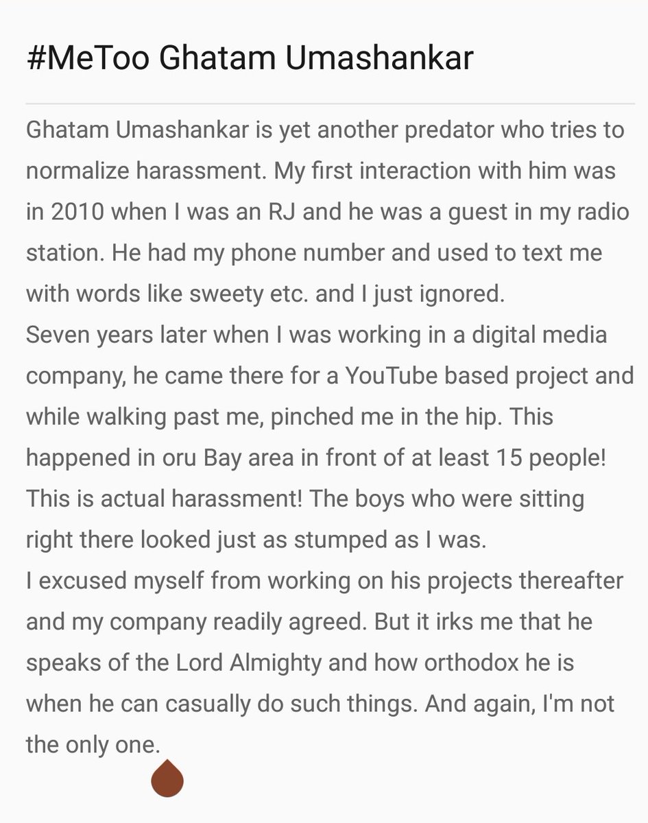 #MeToo an incident with Ghatam Umashankar. For those asking for 'evidence' it happened in broad daylight in my office in front of my co-workers. #TimesUp