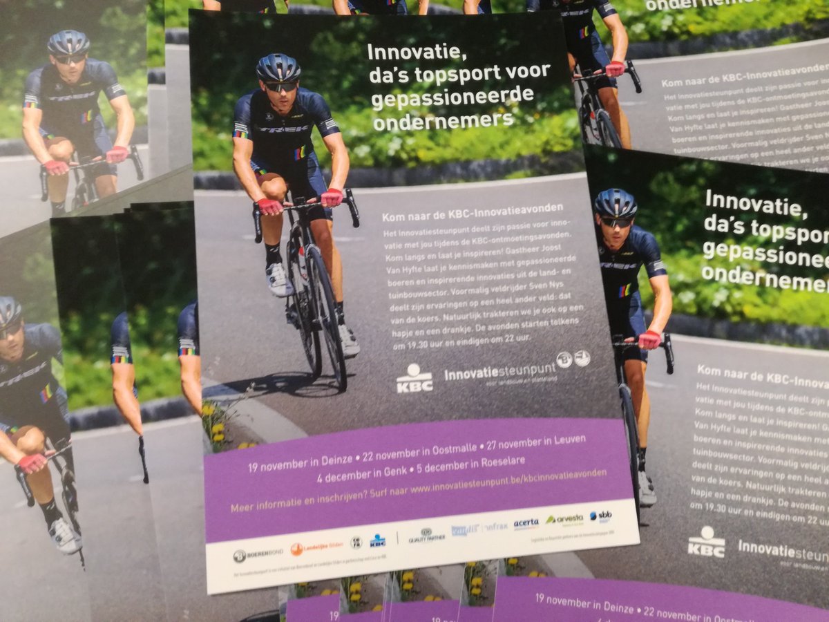 InnoSteunpunt's tweet photo. Innovatie da's topsport voor gepassioneerde ondernemers.  Kom naar de KBC-Innovatieavonden en ontmoet er de winnaars van de Innovatiecampagne en @sven_nys #innovatie #landbouw @kbc_be @farmcafe_BE
https://t.co/uRHjKRcgKQ https://t.co/xwk8FTGXg5