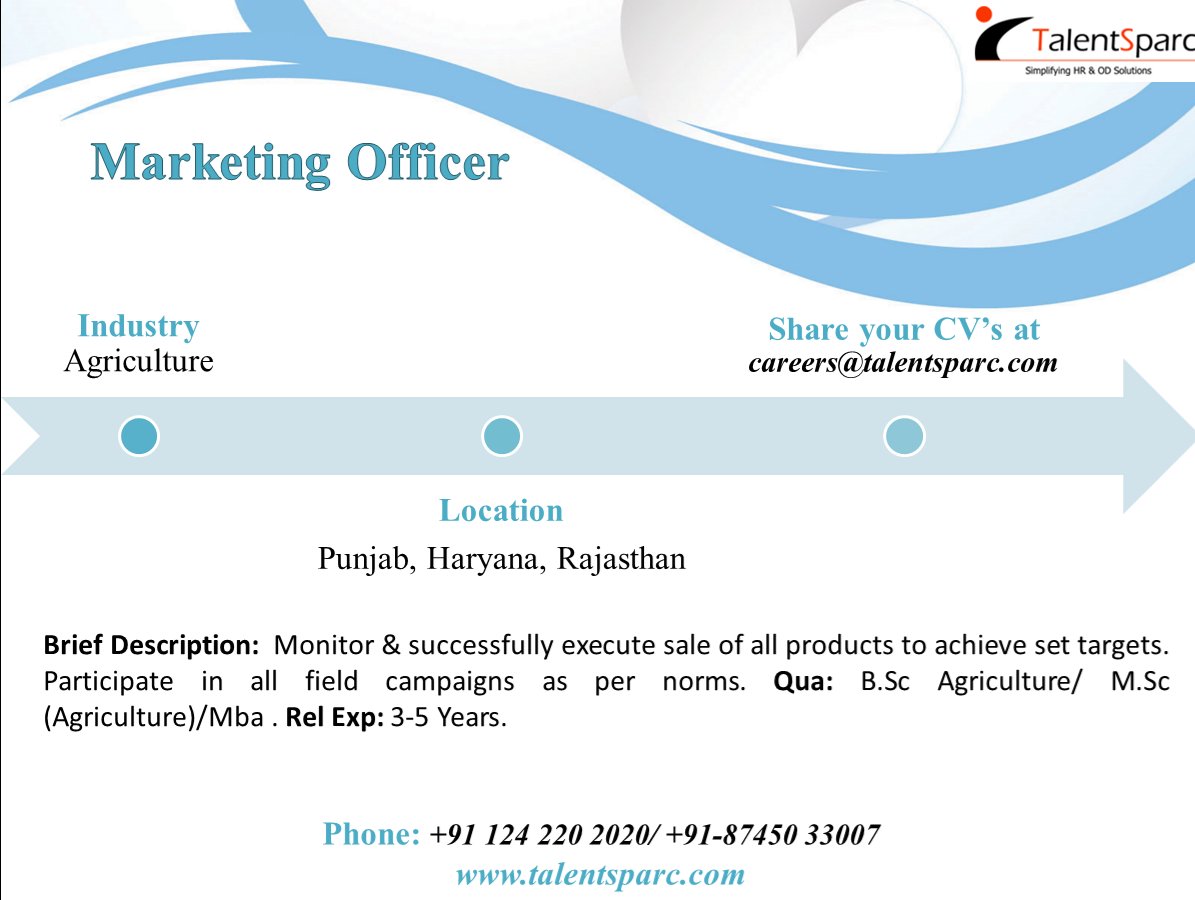 AnavioGlobal's tweet image. Jobs@ #TalentSparc: #Marketing Officer - with Leading #Agriculture Industry client, Location: #Punjab, #Rajasthan, #Haryana , Exp: #3to5years, Min. Qua: Any #Bsc_Agriculture, #Msc_Agriculture, #MBA.

Please follow us;
bit.ly/ts_Linkedin
bit.ly/ts_Fb