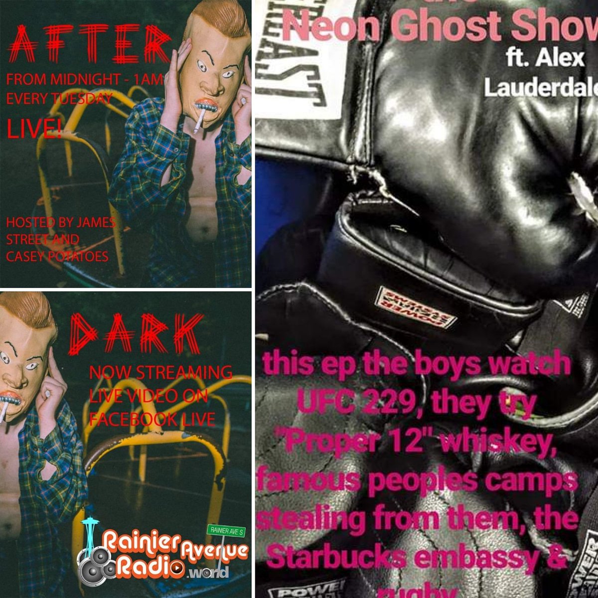RainierAveRadio's tweet image. #GuyTalk Tuesday!
#Adultcontent

11pm Neon Ghost Show by @therobbie182
Ep 56 - Alex Lauderdale joins the boys to watch UFC 229 while trying "Proper 12" whiskey &amp;amp; discussing famous peoples camps stealing, the Starbucks embassy &amp;amp; rugby.

Midnight After Dark by James Street LIVE