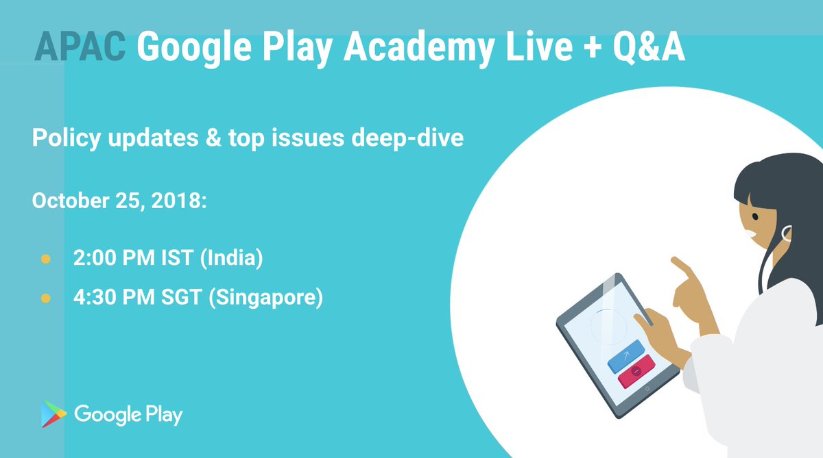 #AndroidDevs, have questions about #GooglePlay policies and latest updates? 

Join the 'Play Academy Live' on October 25th to learn more on: 

- Malicious Behavior
- User Data and Permissions
- Enforcement updates: Policy Coverage

👉 Register here → goo.gl/4Vz3qH