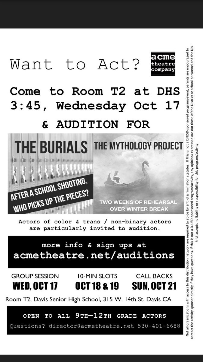 ACMEtheatre's tweet photo. Acme auditions start TOMORROW -- It’s not to late to sign up at https://t.co/MvN9kphR37!

Hope to see you there!

Acme Winter Auditions
Wednesday, Oct 17
3:45 - 6pm
Room T2, Davis High School https://t.co/3aYjAoJDoh