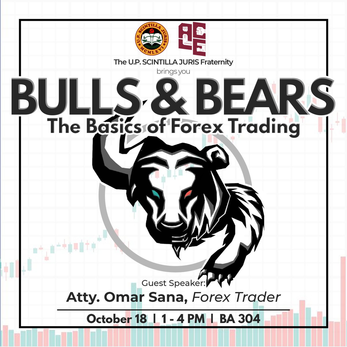 SCINTILLAJURIS_'s tweet photo. The UP SCINTILLA JURIS Fraternity brings you Bulls &amp; Bears, an #ACLE on the Basics of Forex and Stocks Trading.

Learn how to trade and become financially independent!

Limited slots only! Pre-register at https://t.co/0mRovPuybp

#ACLE2018 #BullsAndBears #Sigabo https://t.co/cIOr6YWFVg